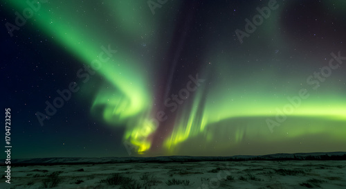 Mesmerizing Aurora Borealis dancing in a starry night sky over a vast, desolate winter landscape with vibrant green and purple light.