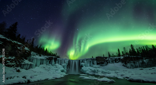 Northern Lights over frozen waterfall and winter landscape. Vibrant Aurora Borealis illuminates icy river, snow, and evergreen trees at night.