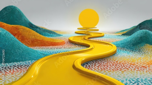 Abstract Yellow Road to Bright Sun, Colorful Landscape, Artistic Composition, 3D Render.