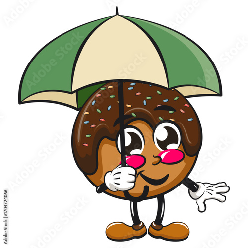 cute chocolate ball mascot character vector illustration with an umbrella, work of hand drawn