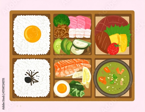 Colorful bento box with various Japanese-style dishes