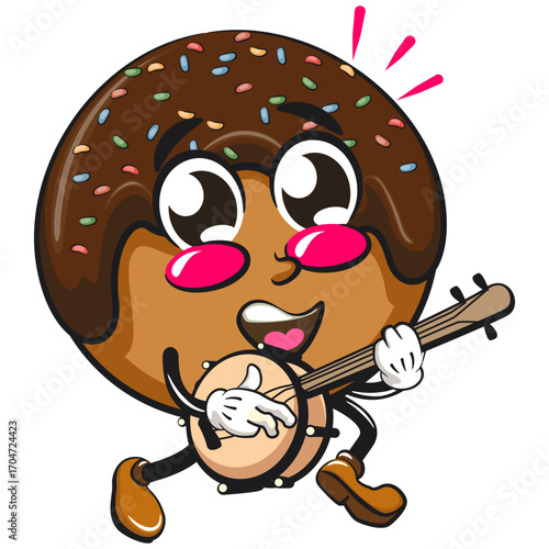cute chocolate ball mascot character vector illustration playing the banjo musical instrumen, work of hand drawn