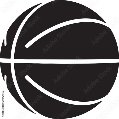 Stylized basketball vector icon in a bold black silhouette. A simple graphic symbol for sports, games, and athletic competition, isolated on a white background