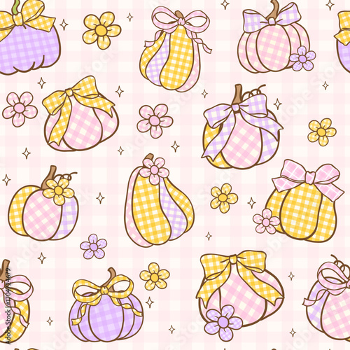 Pastel Coquette Fall Seamless Pattern Gingham Preppy Pumpkins with ribbon bow Wallpaper Printable