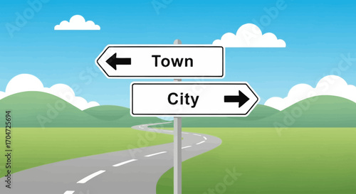 Town or City Road Sign Choice, Directional Arrow, Decision Point on Winding Country Road, Opportunity, Choice, Rural vs Urban lifestyle