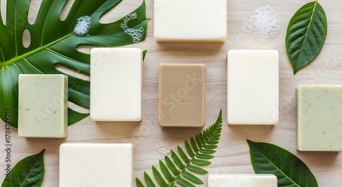Assortment of natural soaps with fresh foliage for organic skincare concept