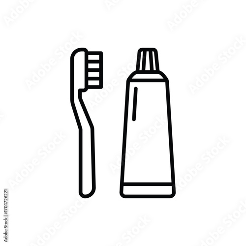 Toothbrush and toothpaste icon. Simple outline style. Toiletries, brush, tooth, paste, hygiene, oral, health, bathroom, dentist care concept. Thin line symbol. Isolated design.