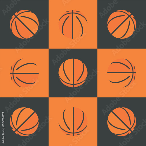 Nine orange basketball illustrations set against gray and orange square backgrounds, perfect for sports-themed design