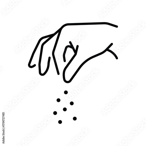 Sprinkling hand gesture icon. Simple outline style. Condiment, salt, sugar, spice, seasoning, pinch, pick, chef, sprinkle, pepper, food concept. Thin line symbol. Isolated design.