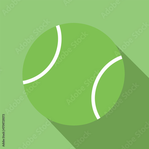 A simple graphic of a round green tennis ball with white lines, illustrated in a flat design style with a long diagonal shadow, representing sports, games, and recreation