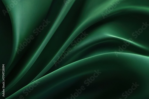 Smooth folds of dark green satin fabric creating elegant waves with glossy highlights and soft shadows conveying luxury and calmness