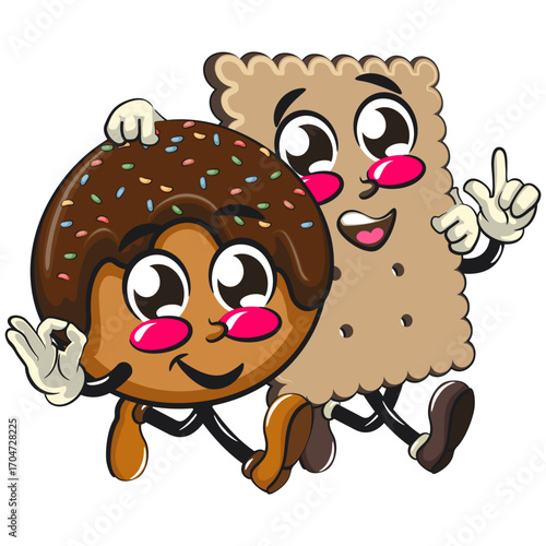 cute chocolate ball mascot character vector illustration with a chocolate wafer roll character while giving oke sign, work of hand drawn