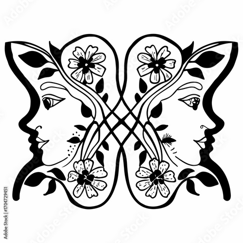 A surreal abstract line drawing of a human face combined with organic floral patterns, elegant sketchy style.