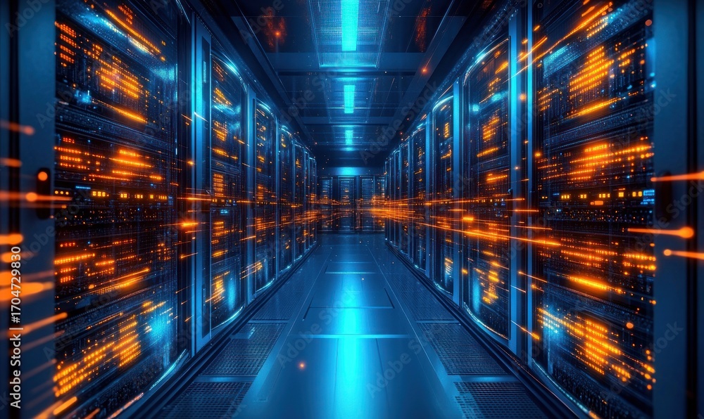 custom made wallpaper toronto digitalFuturistic data center corridor with glowing orange and blue lights on server racks symbolizing high-speed digital data transfer
