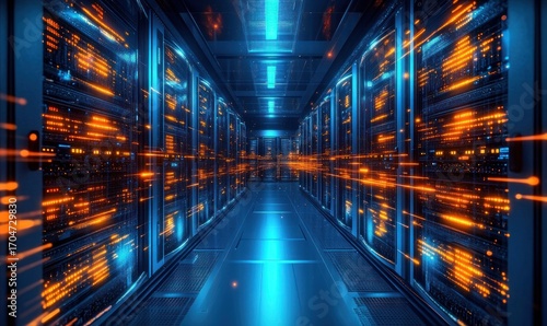 Wallpaper Mural Futuristic data center corridor with glowing orange and blue lights on server racks symbolizing high-speed digital data transfer Torontodigital.ca