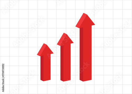 3D red arrows pointing up on grid background representing leadership, competition, cooperation, followers, optimism, progress, growth, and business profit