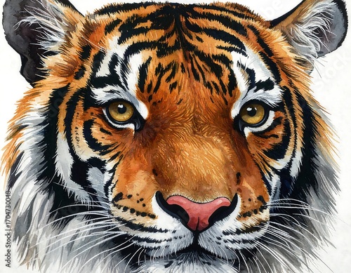 Close-up portrait of a tiger's head.  Watercolor style