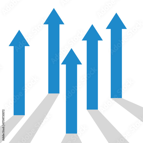 5 blue arrows pointing up with shadow represent teamwork, cooperation and competition also business growth together, progress, optimism and trading profit