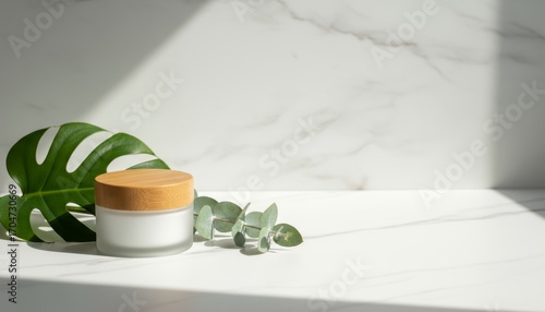 Elegant Cosmetic Cream Jar with Natural Green Leaves on Upscale Marble Background, Ideal for Spa, Wellness, and Beauty Products in Modern Settings
