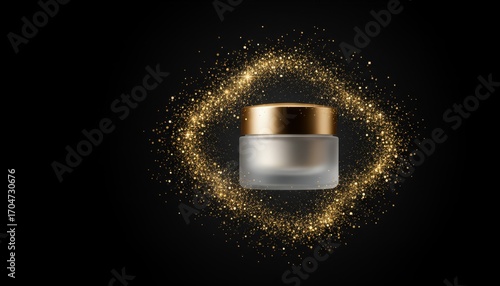 Elegant Cosmetic Jar Surrounded by Golden Sparkles, Perfect for Upscale Beauty Product Photography and Luxury Skincare Promotion