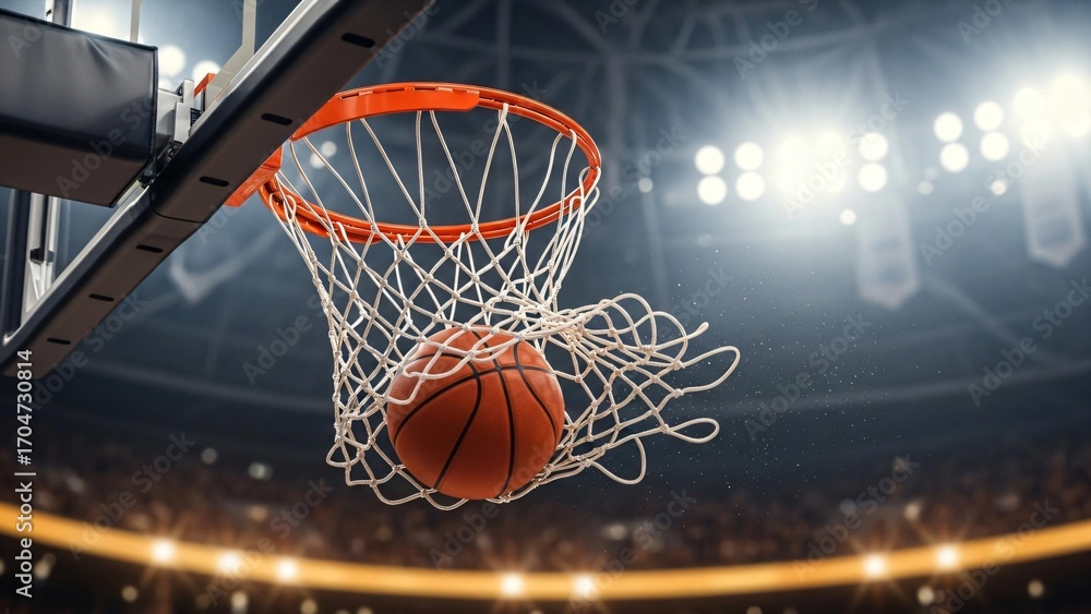 Fototapeta premium Basketball swishes through net, arena lights gleam