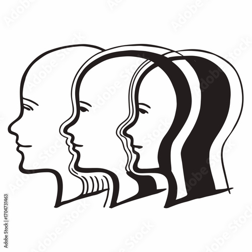 A clean modern continuous line sketch of multiple profile heads layered together, black and white minimal art for avatars.