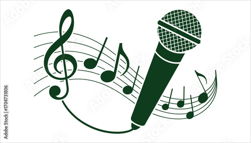 Microphone with Music Notes Vector Singing, Karaoke and Concert Icon