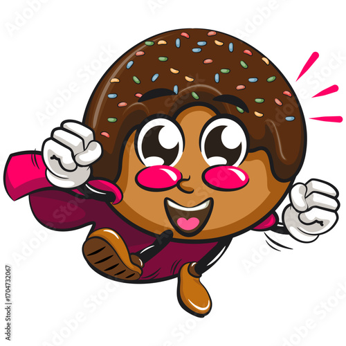 cute chocolate ball mascot character vector illustration as flying superhero wearing a robe, work of hand drawn