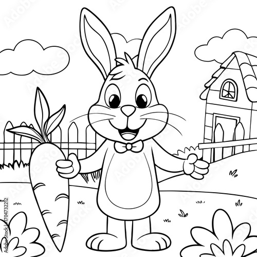 Cute Rabbit Coloring Page Bunny with Carrot Farm Animal Illustration