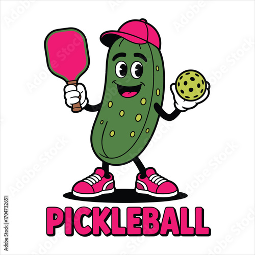 Pickleball Mascot Vector Funny Cartoon Pickle Character with Paddle and Ball