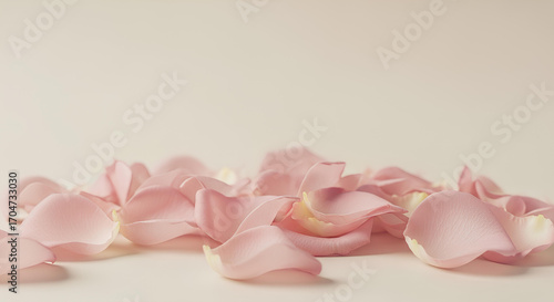 Soft pink rose petals scattered on a light background, delicate floral composition with romantic atmosphere