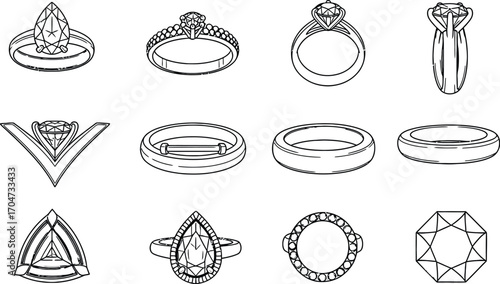 Engagement ring designs and jewelry line art vector