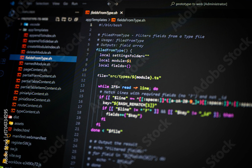 Close-up of Bash shell script fieldsFromType.sh in VSCode with local variables, regex, and while loop, symbolizing DevOps, automation, scripting, programming, and modern digital technology.