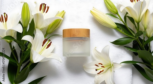 Elegant frosted skincare jar adorned with pristine white lily blooms