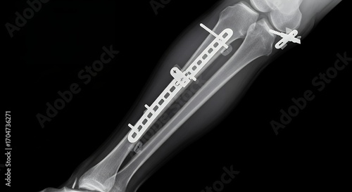 X ray image of leg with metal implants