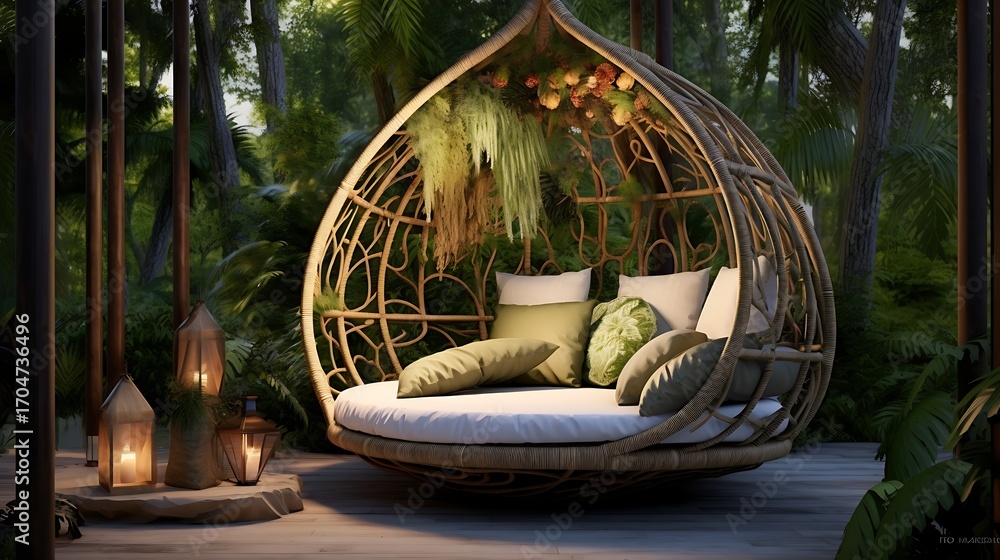 Obraz premium Lush tropical oasis featuring a hanging wicker lounger with decorative lanterns at dusk