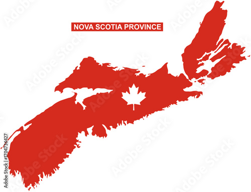 Solid map of Nova Scotia Province of Canada with white outline and red solid color with maple leaf