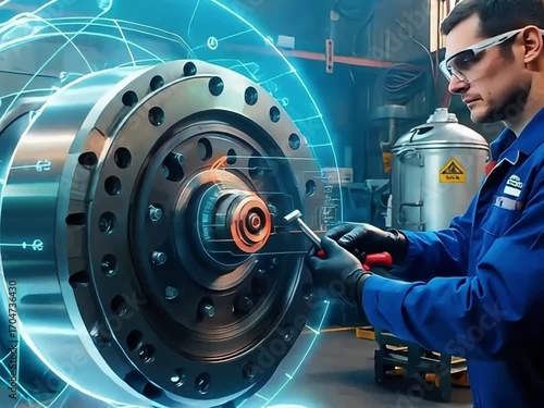 High tech automotive workshop with modern equipment, smart tools, and advanced vehicle maintenance