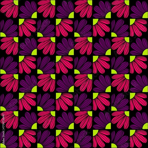 seamless floral pattern, Colorful seamless pattern with alternating flower designs on a black background