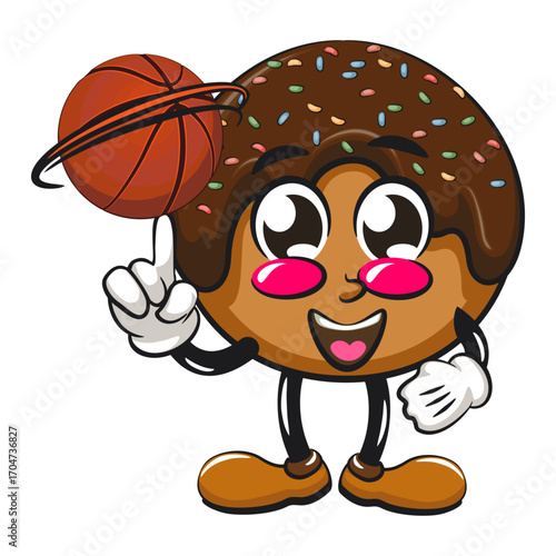 cute chocolate ball mascot character vector illustration spin the basketball with the index finger, work of hand drawn