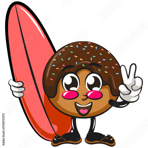 cute chocolate ball mascot character vector illustration with surfboard, work of hand drawn