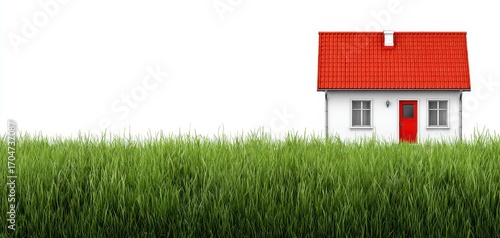 Wallpaper Mural Small white house with red roof on a grassy field Torontodigital.ca