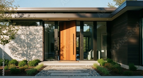 Modern Wooden Door Entrance to a Contemporary Home with Large Windows.