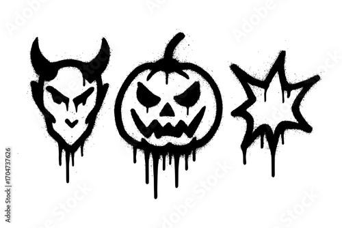 Spooky Halloween graffiti with pumpkin devil and starburst dripping black paint