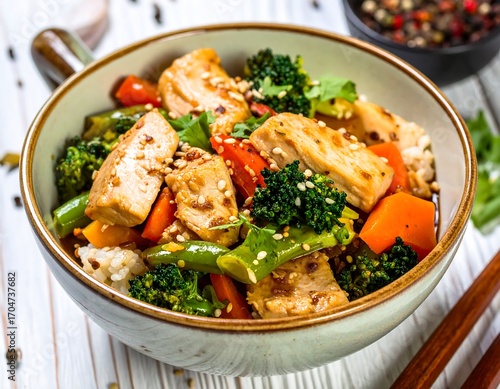 Stir-fried chicken with vegetables and rice