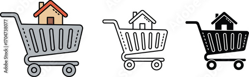 House in shopping cart, representing buying or selling property concept