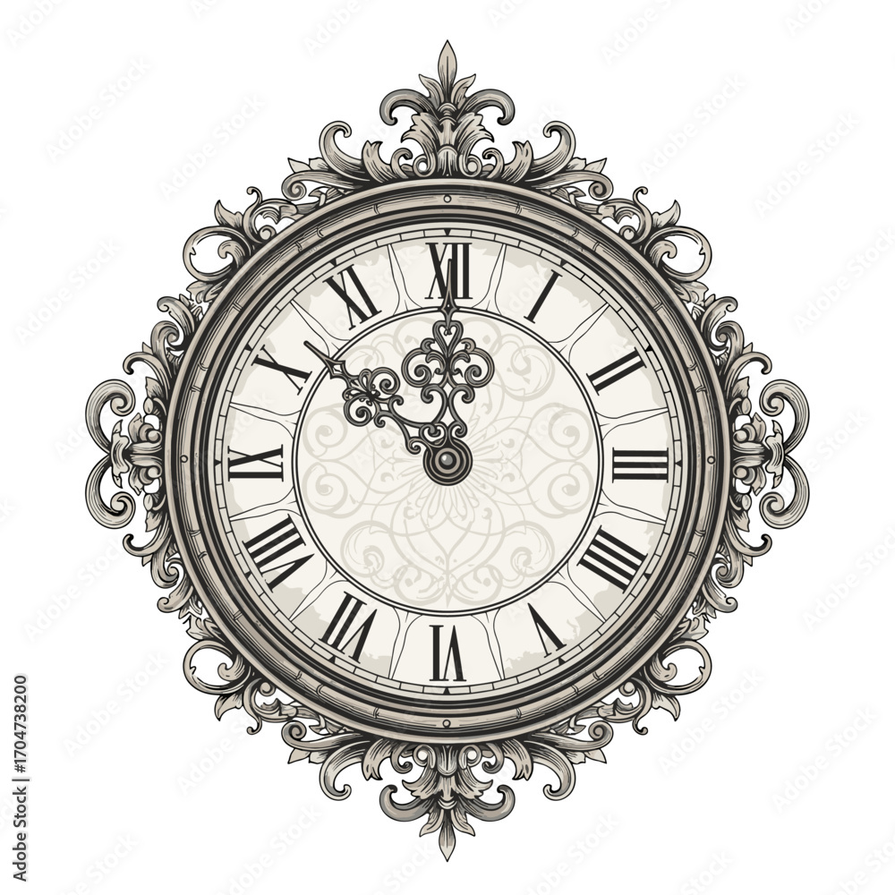 Obraz premium Elegant Ornate Antique Roman Numeral Clock Face with Decorative Scrollwork