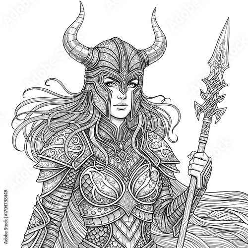 Illustrative Depiction of a Fierce Female Warrior in Ornate Armor Holding a Spear and Shield