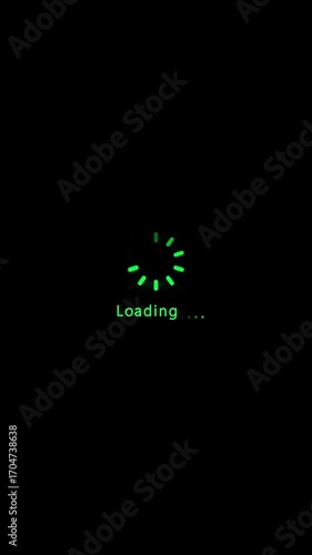 Green loading spinner with text on black background waiting progress