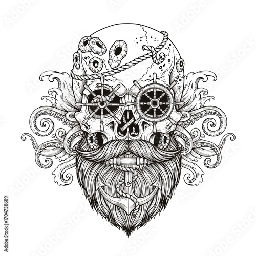Steampunk Skull with Elaborate Beard and Gears for a Distinctive Design